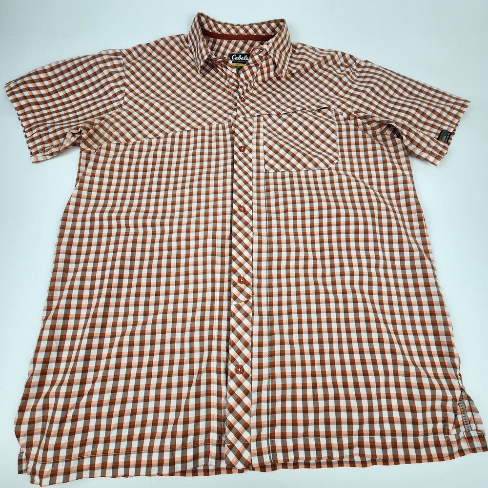 Cabela's Guidewear Men's L Orange Plaid Short Sleeve Fishing Hiking Nylon Shirt